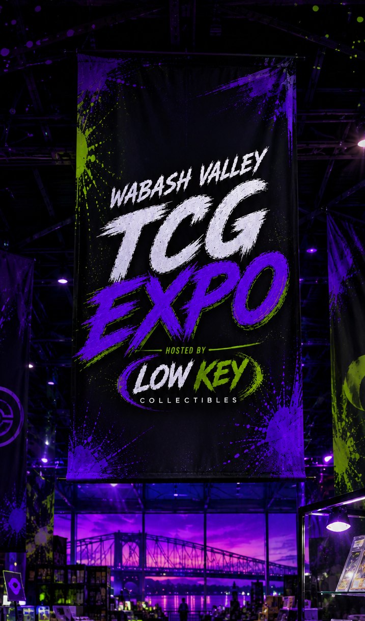 A large banner at the Wabash Valley TCG Expo hosted by Low Key Collectibles, featuring bold purple, white, and green text on a dark background with colorful splashes and a bridge in the distance.