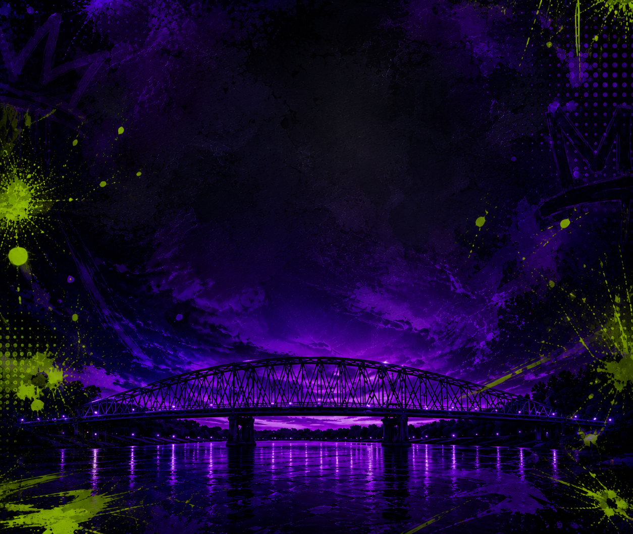 A digitally enhanced image of a bridge over water at night, illuminated with purple and green lighting, surrounded by abstract purple and green splashes and patterns.