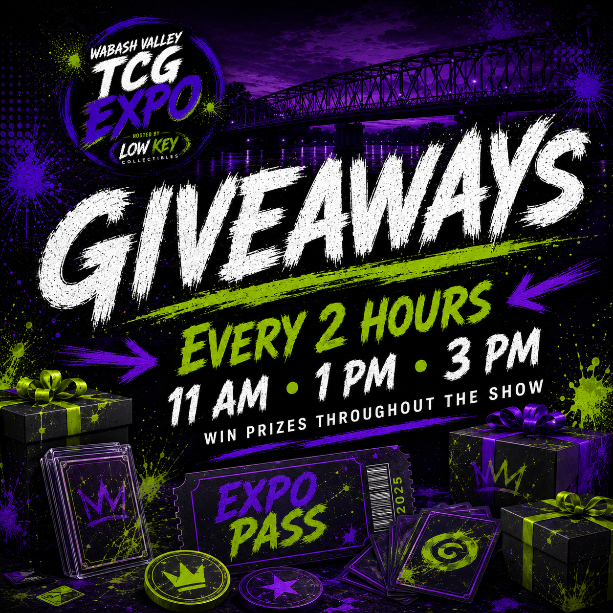 Promotional poster for the Wabash Valley TCG Expo hosted by Low Key Collectibles, featuring a dark purple and black background with neon green, purple, and white text. It announces giveaways every two hours at 11 am, 1 pm, and 3 pm, with a mention of prizes throughout the show, and includes images of collectible cards, gift boxes, and game tokens.