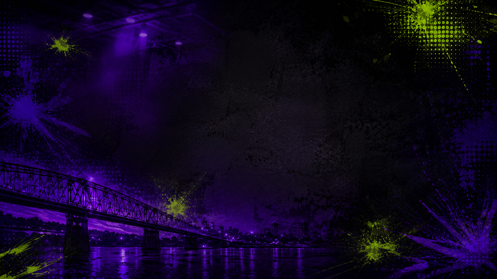 Nighttime cityscape with bridge over river, colorful fireworks in purple and green, dark sky, and urban skyline reflection in water.