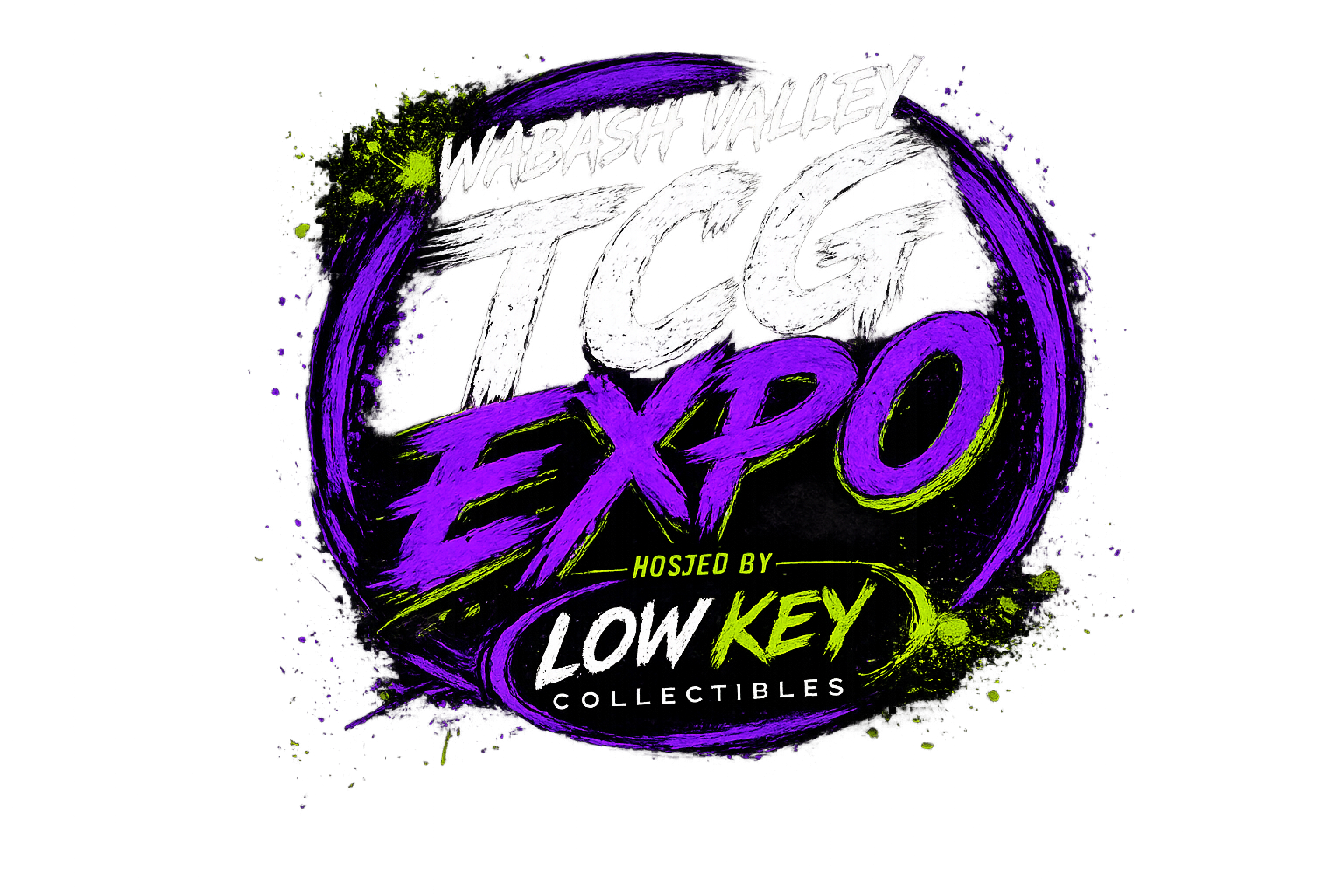 Event poster for Wabash Valley TCG Expo with neon purple, yellow, and white text on a black background, hosted by Low Key Collectibles.