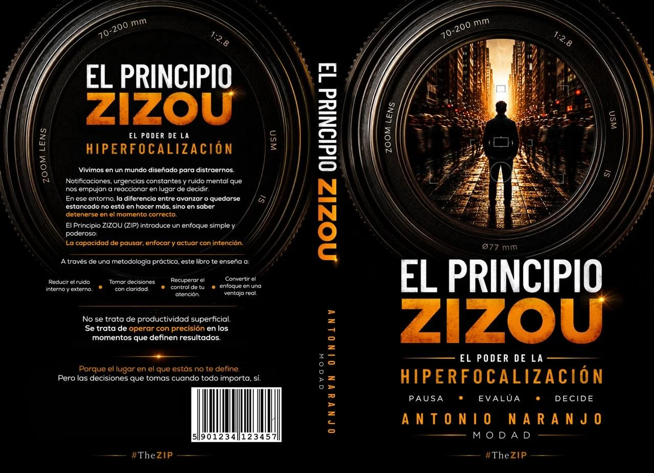 Portada del libro titulado "El Principio Zizou" con el subtítulo "El poder de la hiperfocalización". La portada muestra a una persona de pie en una calle de la ciudad al atardecer, rodeada de altos edificios. El nombre del autor Antonio Naranjo Modad