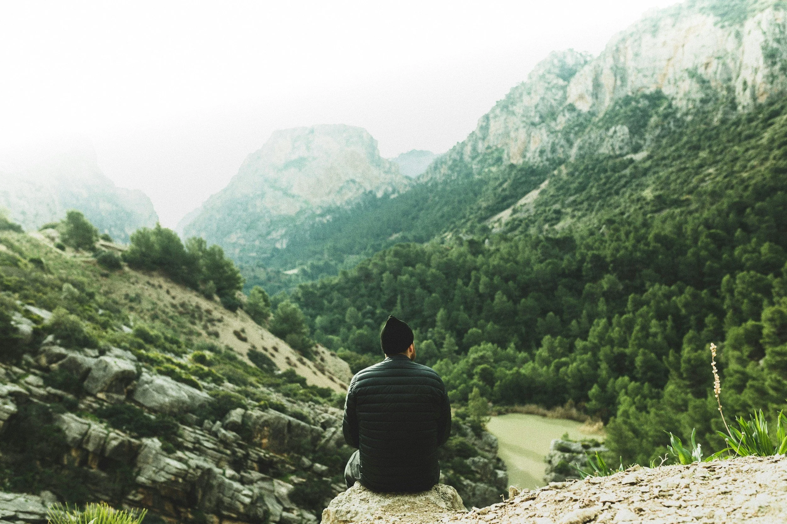 A person sitting on a rock, facing mountains and greenery, in a natural landscape.