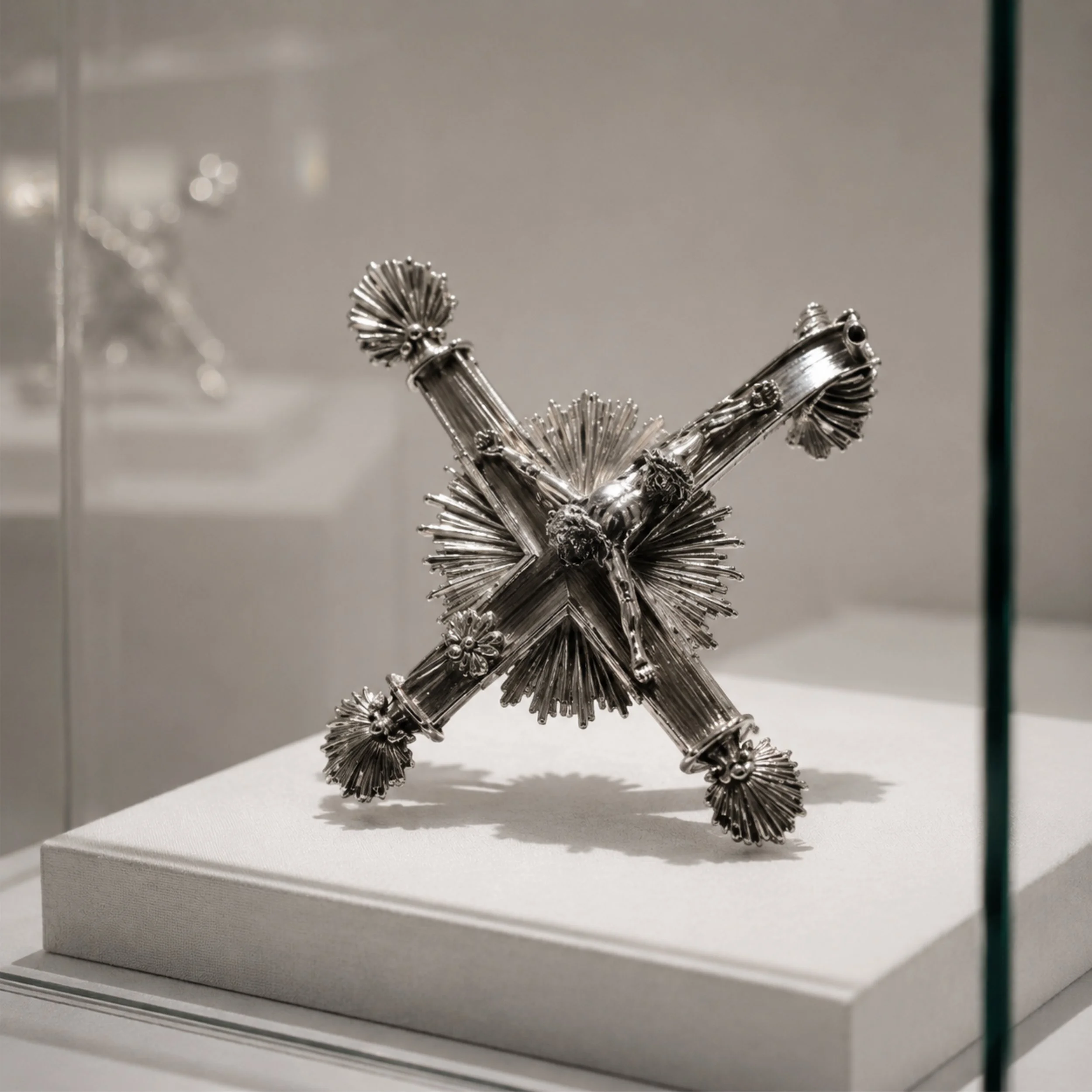 Contemporary silver Christ pendant from Objects of Devotion by Mexican artist Fer Quirarte, inspired by the bent Christ of the Basilica of Our Lady of Guadalupe, exploring faith, memory, and the resilience of belief.