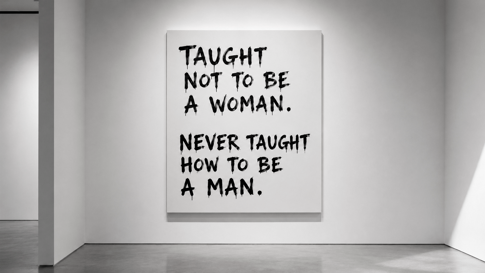 Black-and-white typographic artwork displaying the phrase "Taught not to be a woman. Never taught how to be a man." from the Floating Strength series.