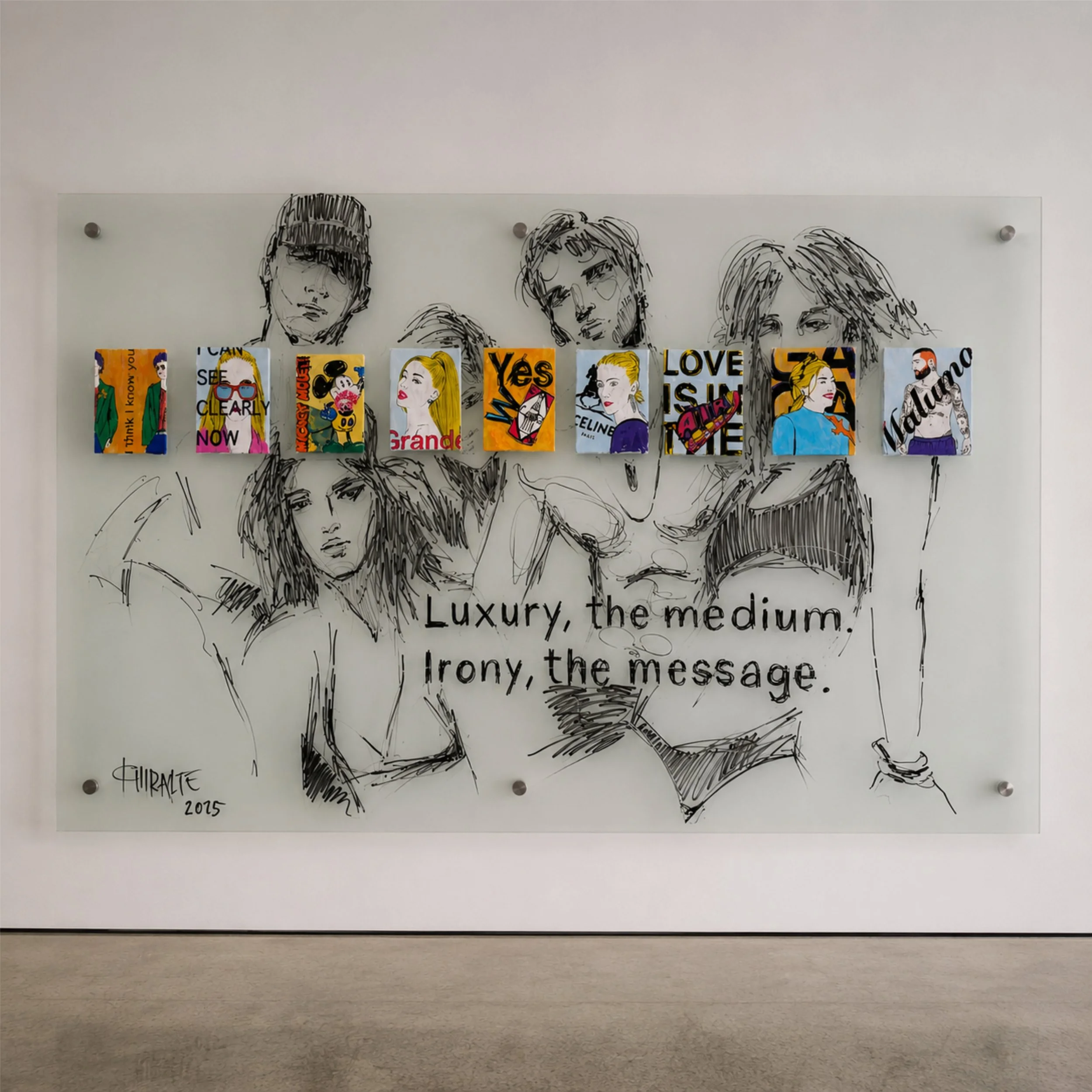 Contemporary installation from Unapologetically Privileged by Mexican artist Fer Quirarte, combining fashion imagery, luxury branding, and gestural drawing to explore consumer culture, identity, and cultural value.