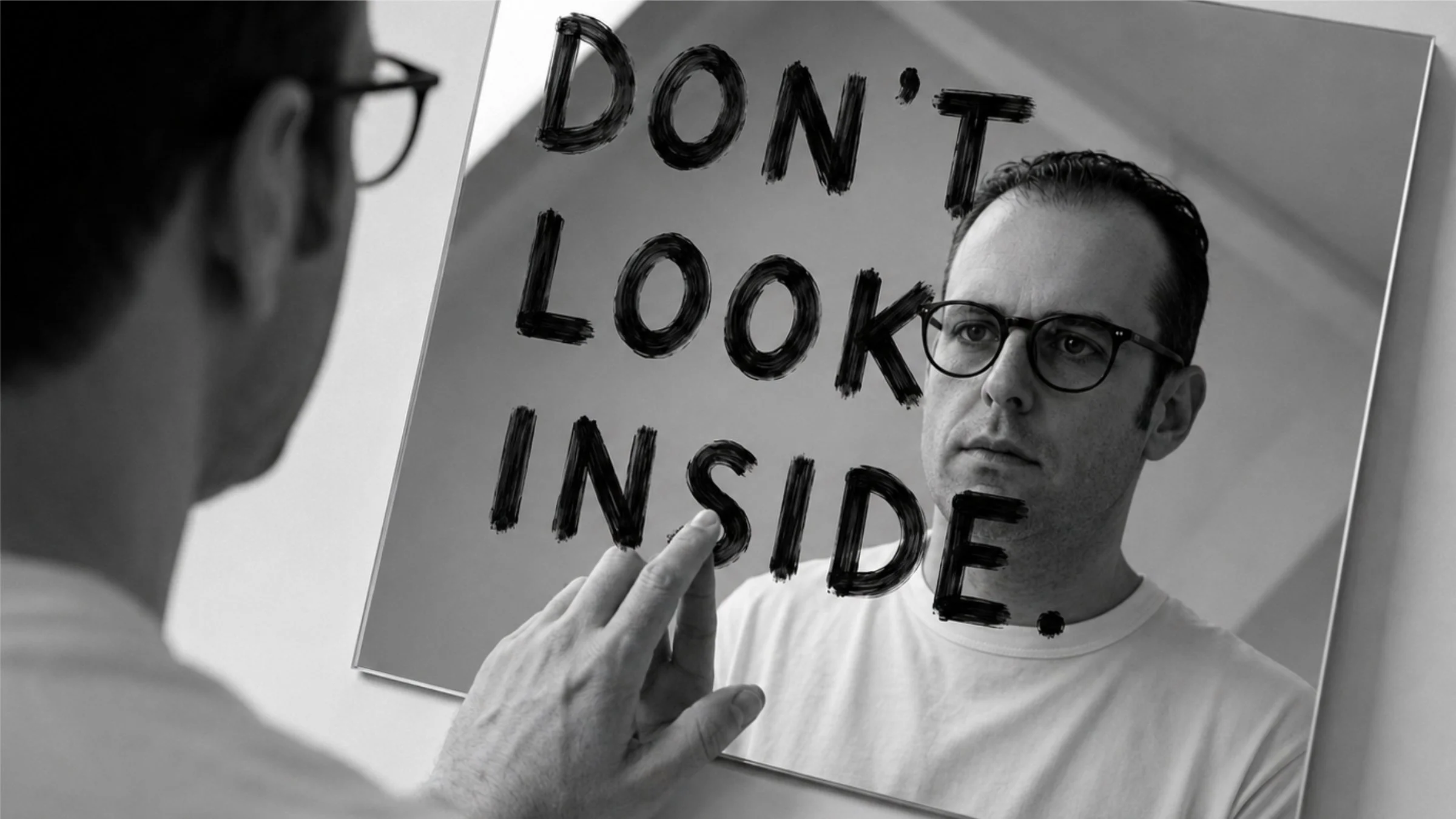 Self-portrait by Mexican artist Fer Quirarte facing a mirror inscribed with the words "Don't Look Inside," exploring identity, vulnerability, and self-perception.