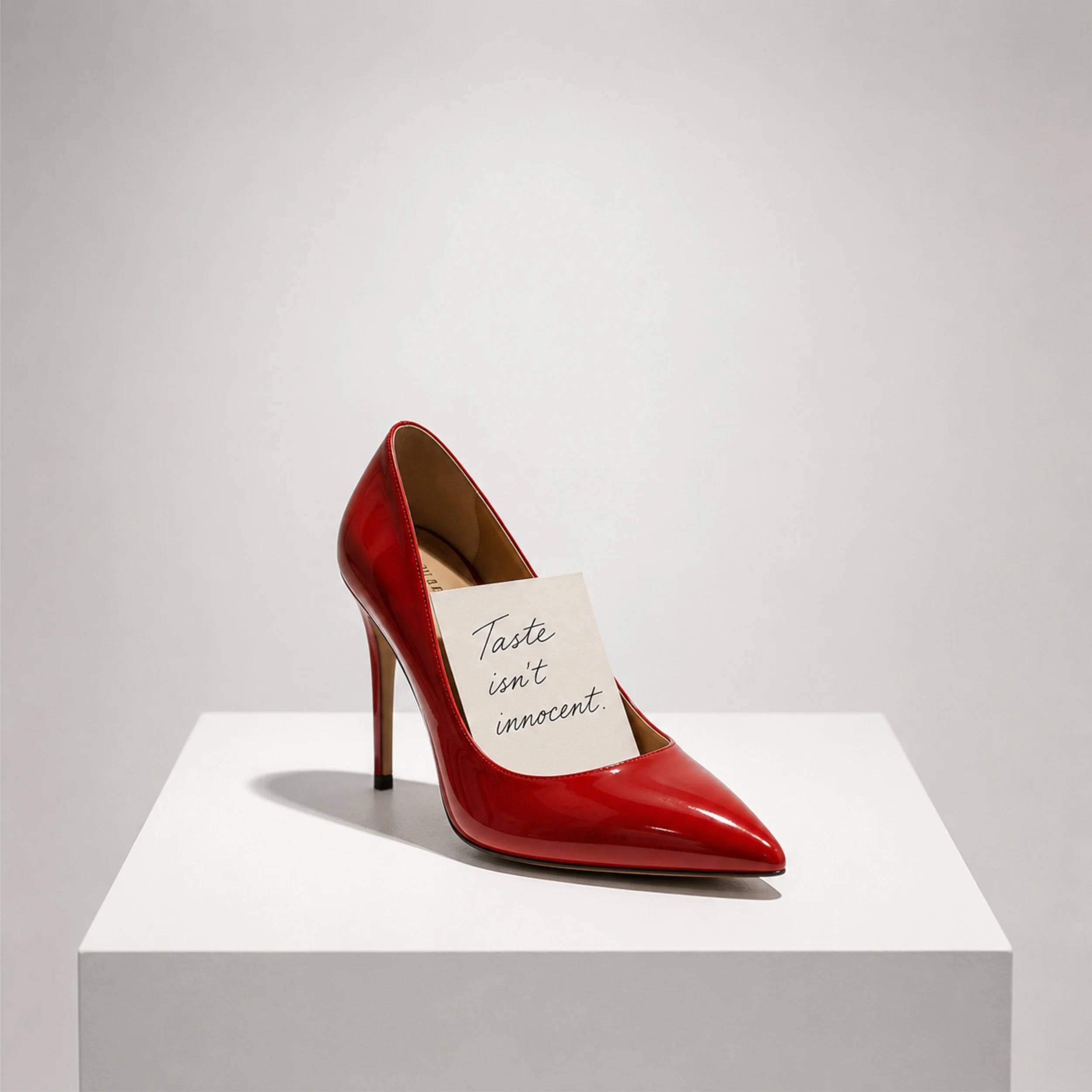 Contemporary artwork featuring a red high heel and the phrase "Taste isn't innocent," from Unapologetically Privileged by Mexican artist Fer Quirarte, exploring luxury, fashion, and cultural value.