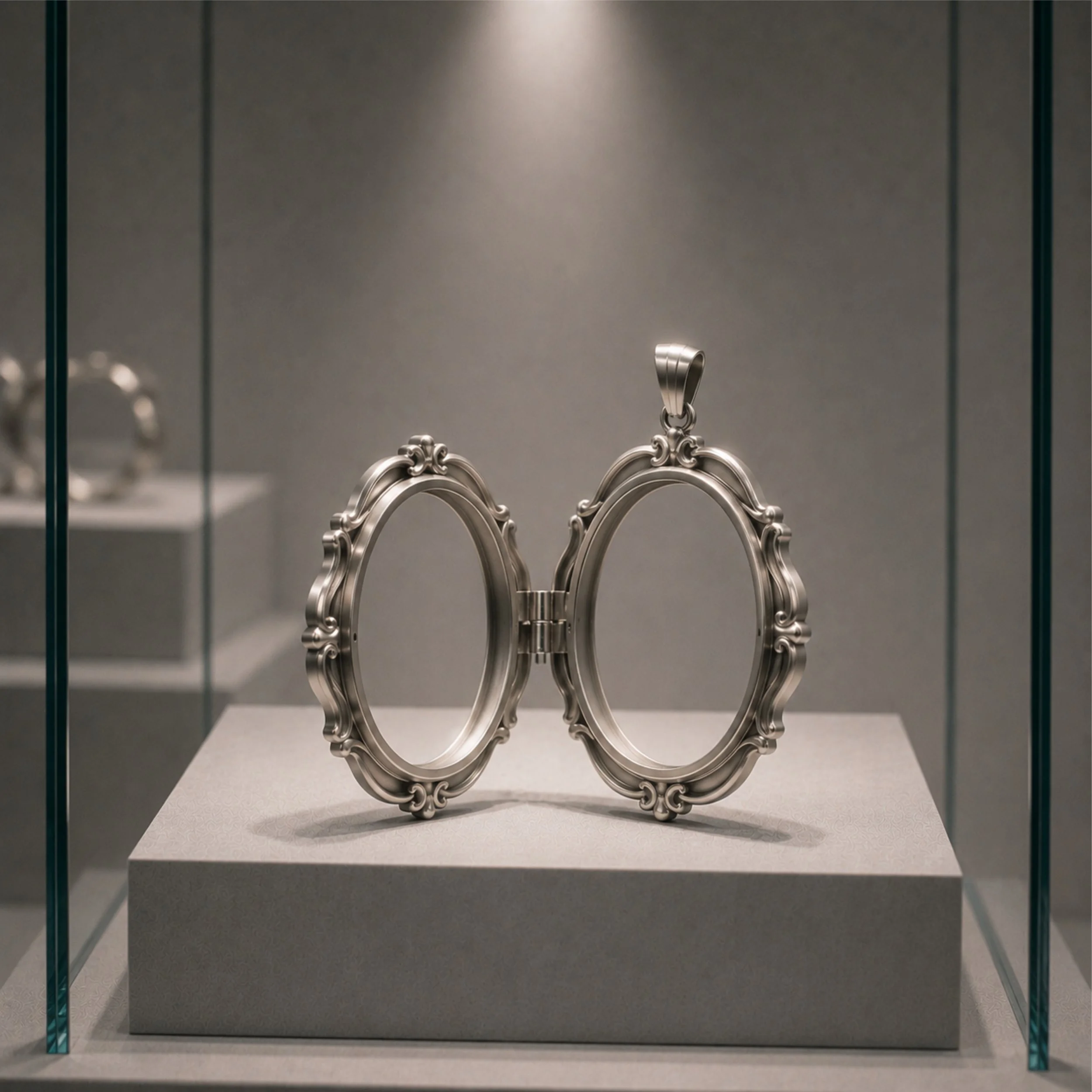 Contemporary silver locket from Objects of Devotion by Mexican artist Fer Quirarte, reimagining the devotional relic as a vessel for memory, absence, and personal belief.