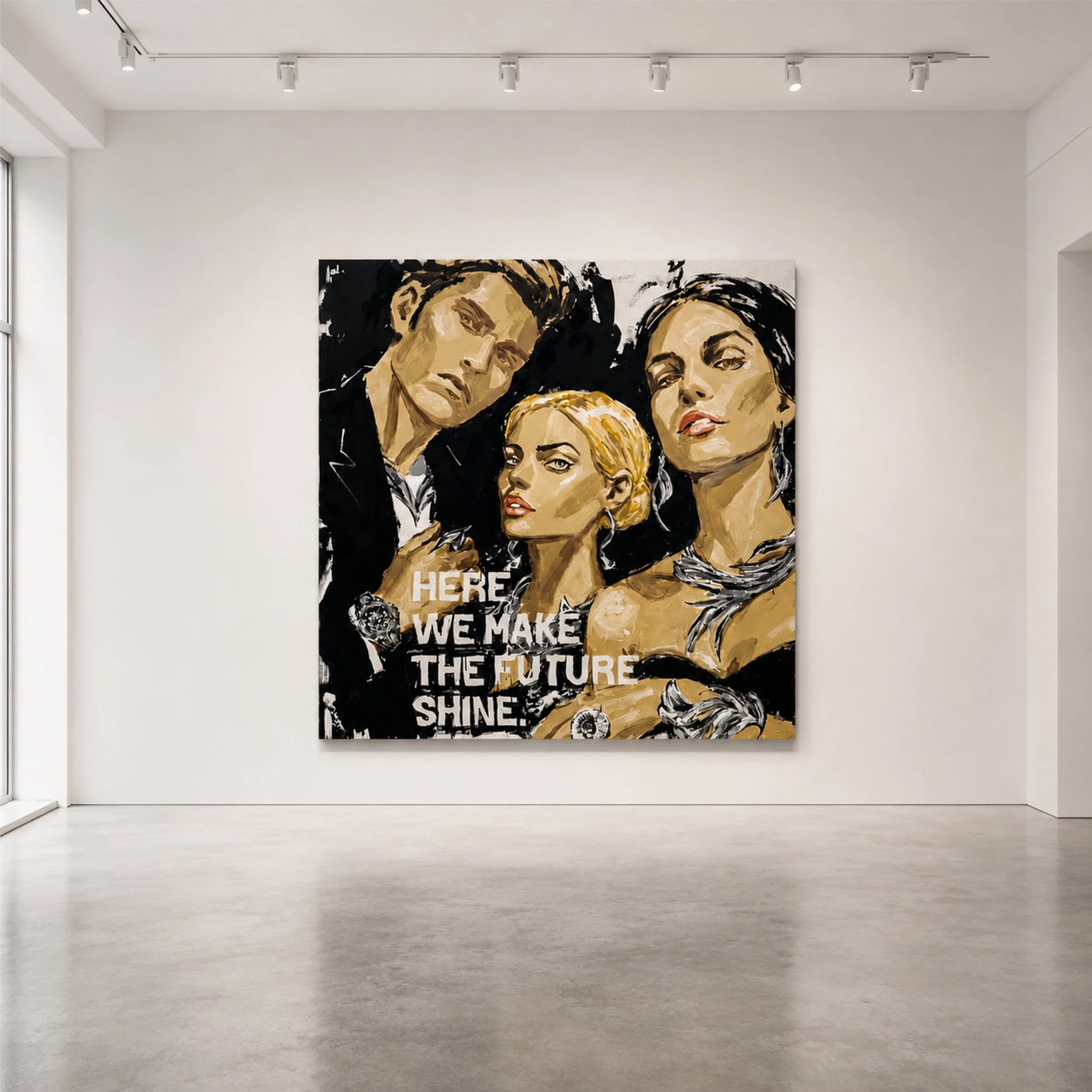 Contemporary artwork from Unapologetally Privileged by Mexican artist Fer Quirarte featuring the phrase "Here, We Make the Future Shine," examining luxury, aspiration, branding, and the promises embedded in consumer culture.