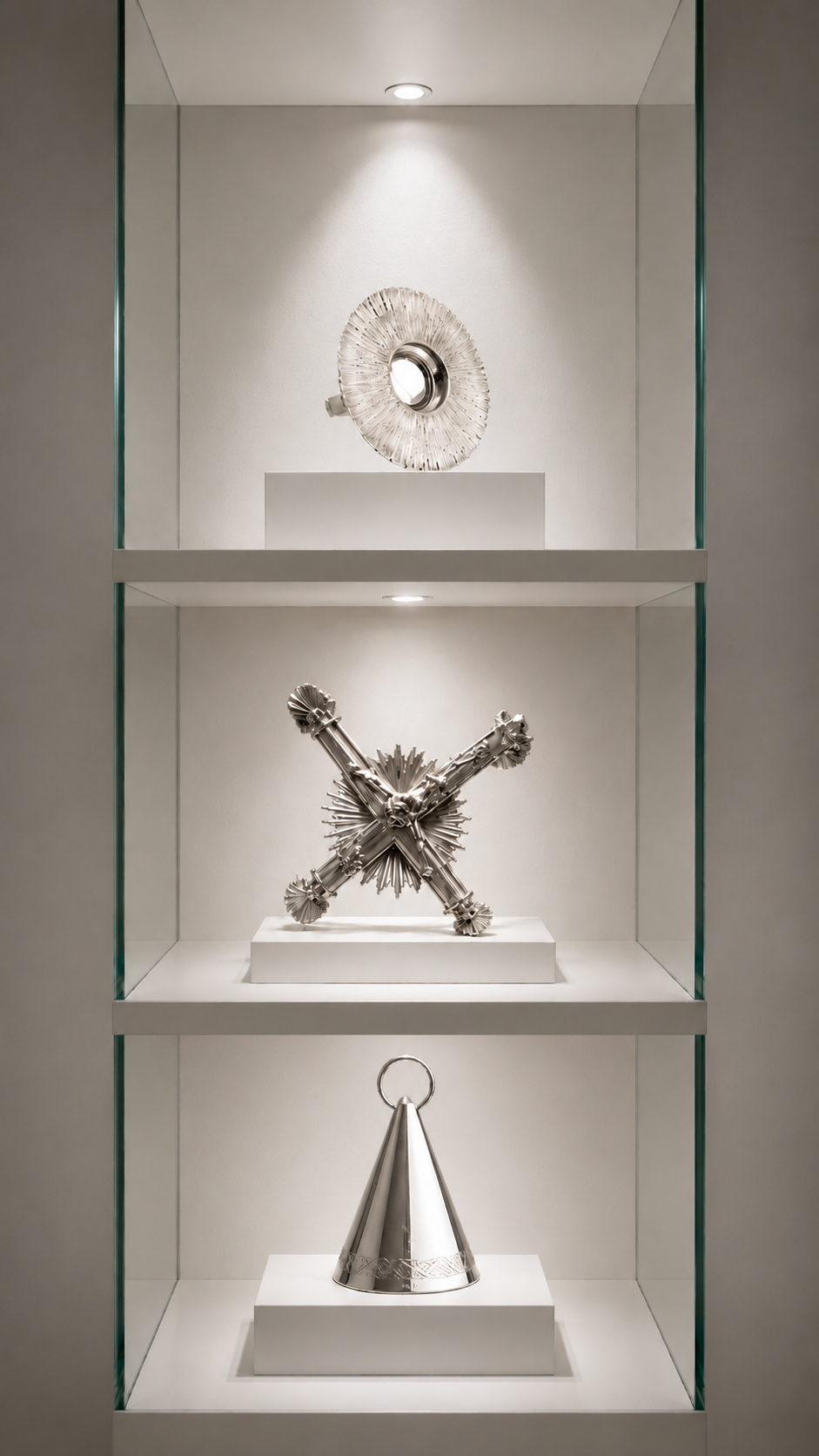 Selection of contemporary silver jewelry from Objects of Devotion by Mexican artist Fer Quirarte, reinterpreting Mexican devotional traditions through symbols of faith, memory, and personal belief.