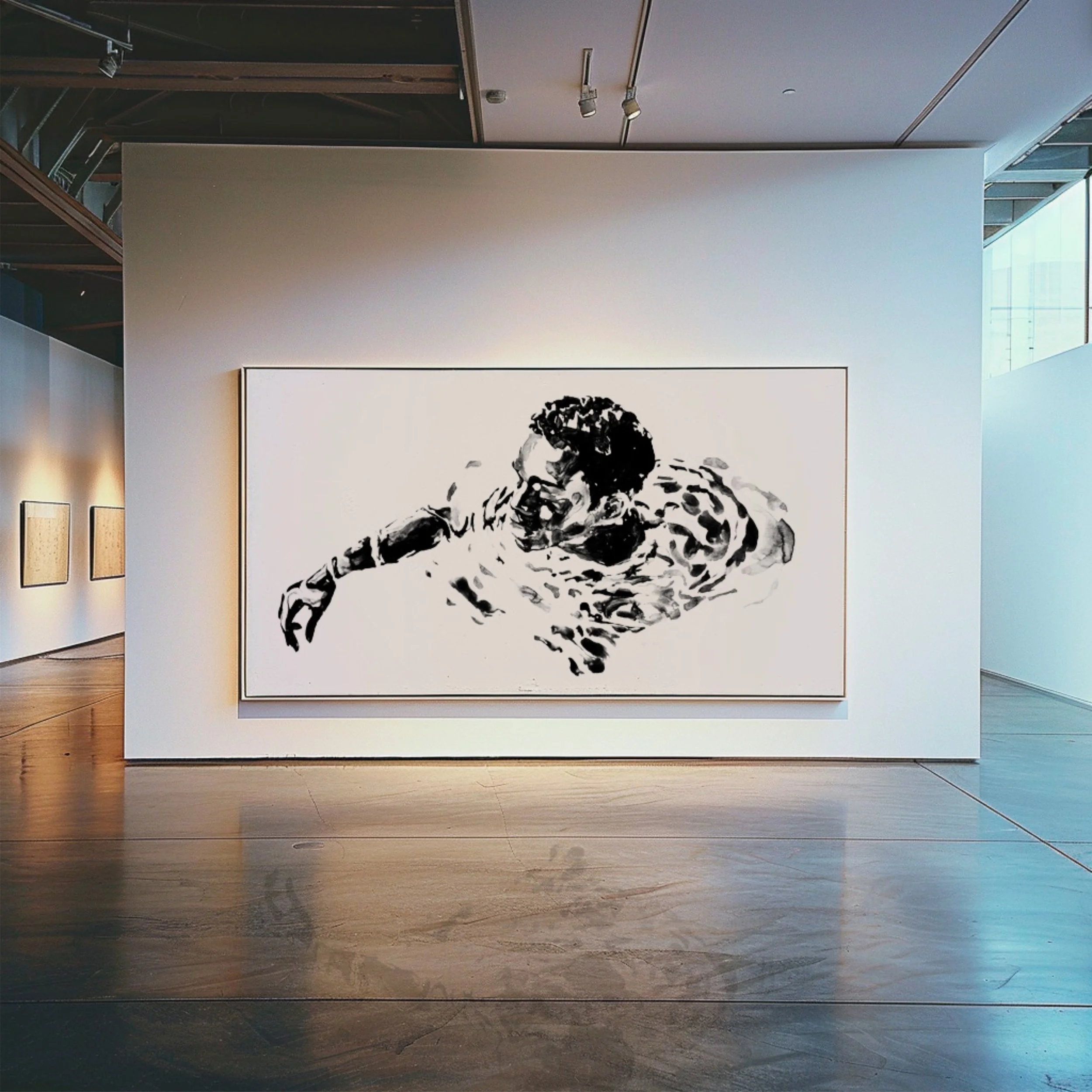 Installation view of Floating Strength by Fer Quirarte. Suspended in water, the figure questions inherited ideas of masculinity, allowing vulnerability and uncertainty to emerge as forms of human presence.
