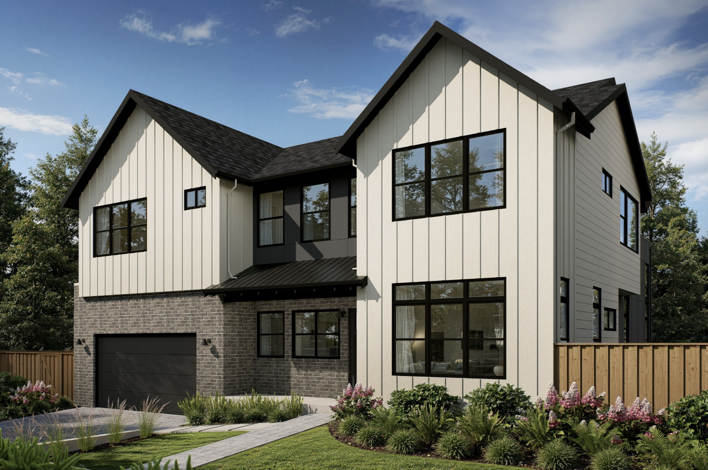 Modern two-story house with black roof, white vertical siding, black window frames, and a brick garage door. Front yard with green grass, plants, and flowers, and a wooden fence. Blue sky with some clouds.