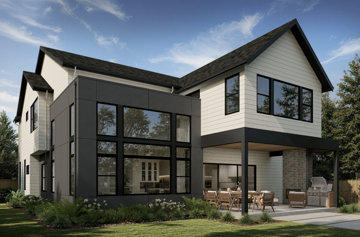 Modern two-story house with large windows, a patio with outdoor furniture, a grill, and landscaped yard under a blue sky with clouds.