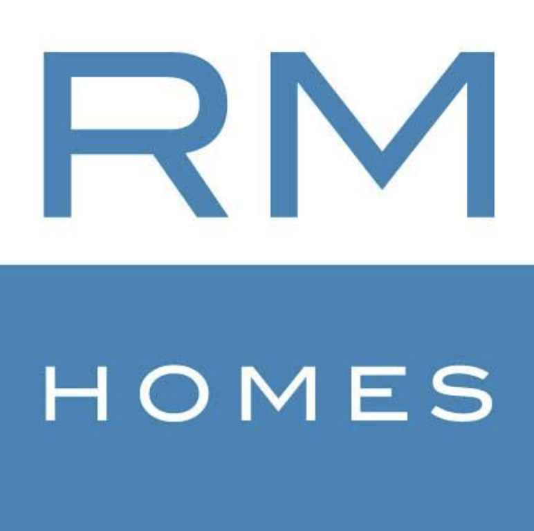 Logo with large blue letters 'RM' above the word 'HOMES' in white on a blue background.