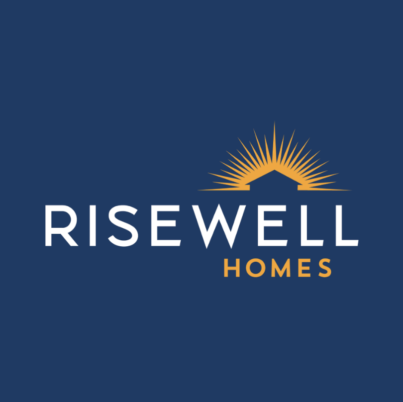 Logo for RiseWell Homes featuring a stylized sun rising over a house silhouette, with the text 'RiseWell Homes' in white and orange on a dark blue background.
