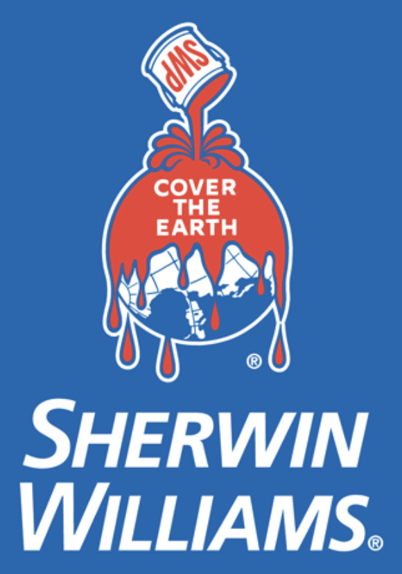 Logo with a dripping red Earth illustration containing mountains and glaciers, and the text "Cover the Earth" inside it, with a cup pouring liquid labeled "DMS" above. The background is blue, and below is the text "Sherwin Williams" in white.
