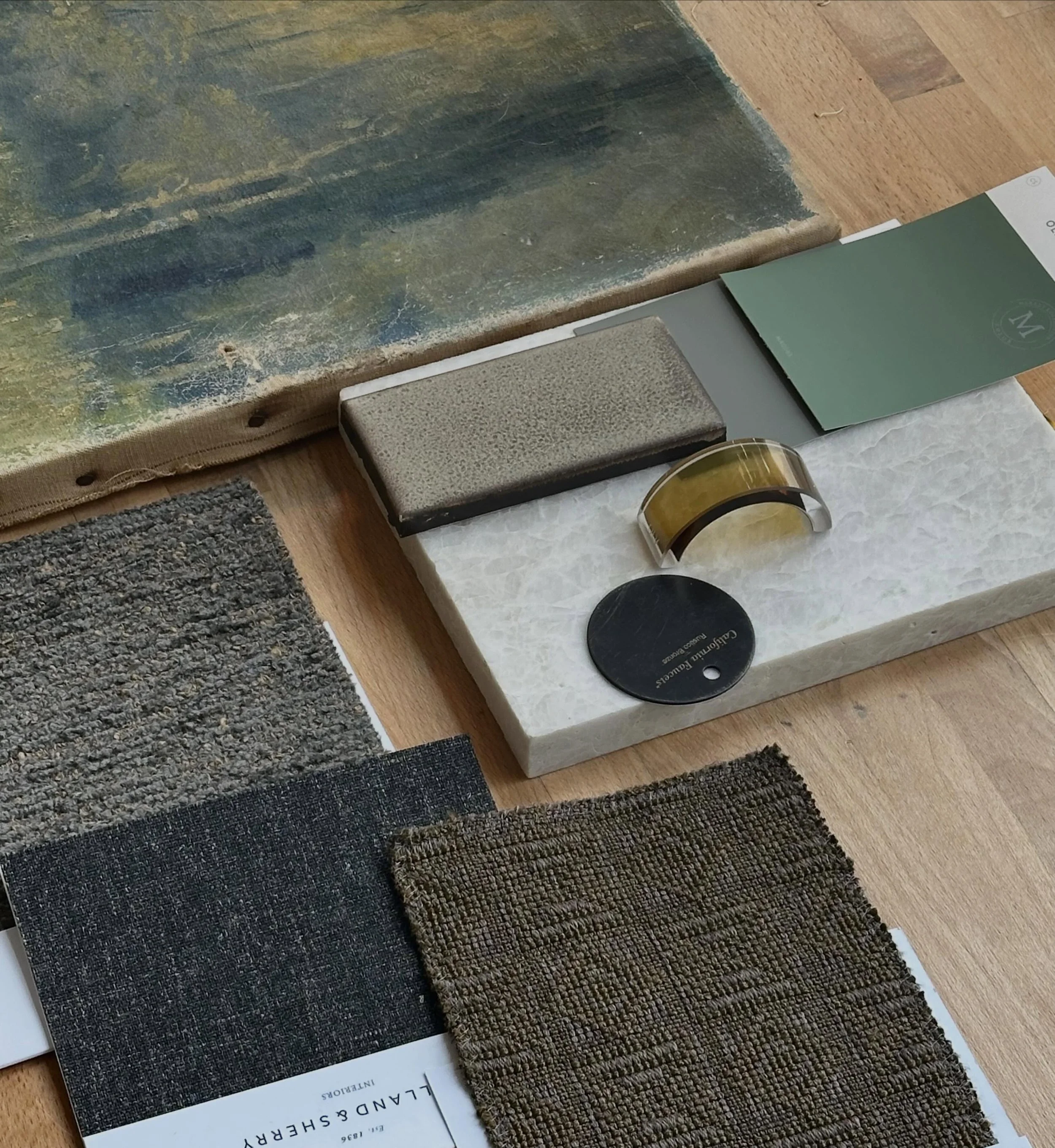 Sometimes you just need a bit of vintage art for inspiration! Pulled this piece with @doram.goods to brainstorm unexpected color pairings for a Client&rsquo;s existing beige and sage green Kitchen &mdash; I love how the straw golds, muddy greens, and