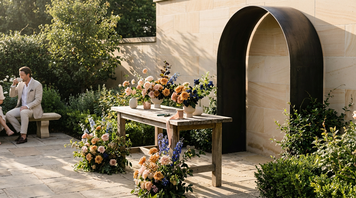 Outdoor garden with a wooden table decorated with floral arrangements and surrounded by greenery, with two people sitting on a bench in the background.