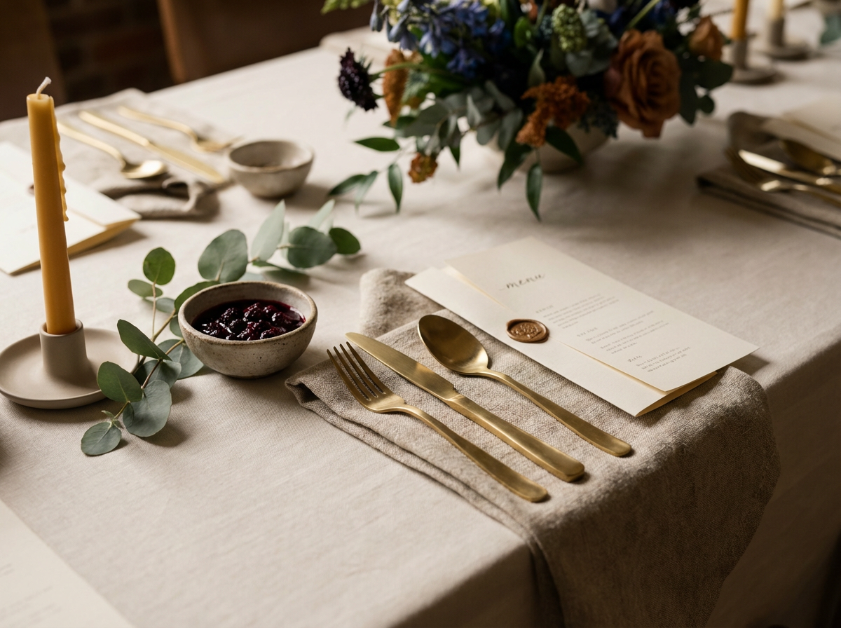 Elegant dining table setting with gold utensils, a menu, a bowl of berries, a candle, and a floral centerpiece.