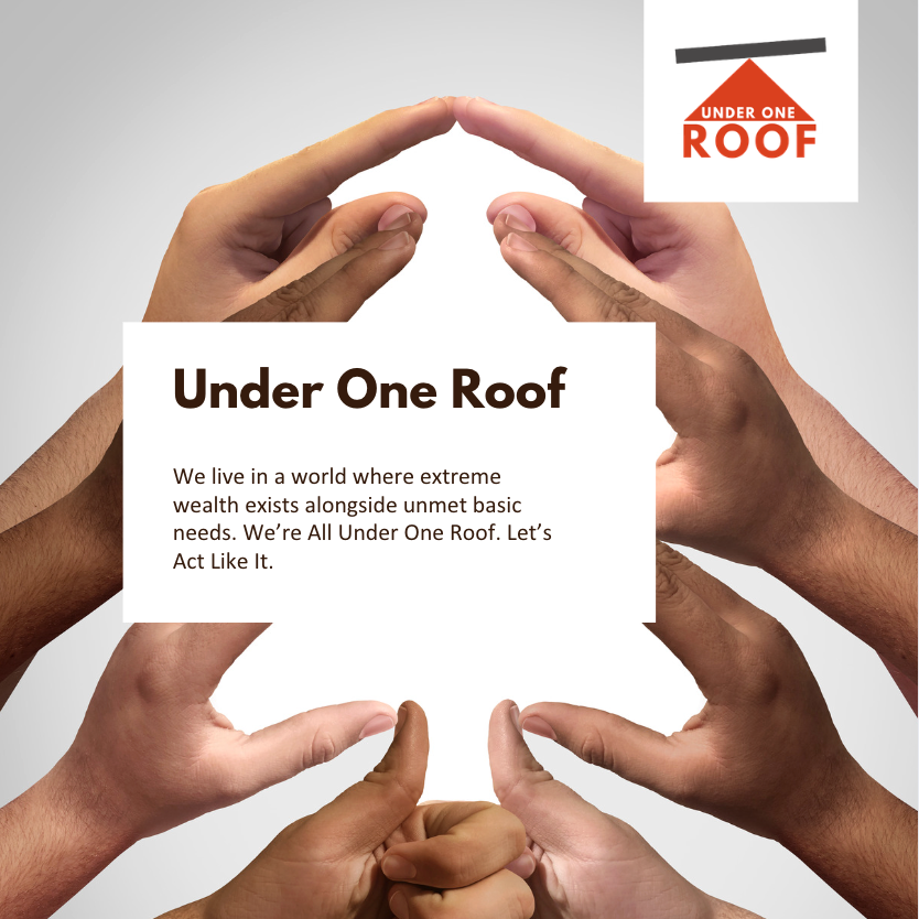 Multiple hands coming together to form a roof-like shape around a white square with text and a logo, promoting unity under one roof for social equality.
