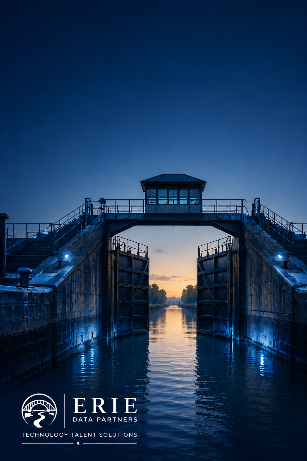 Sunrise over the Erie Canal lock with open gates and a control tower at dawn, with the Erie Data Partners logo and tagline at the bottom.