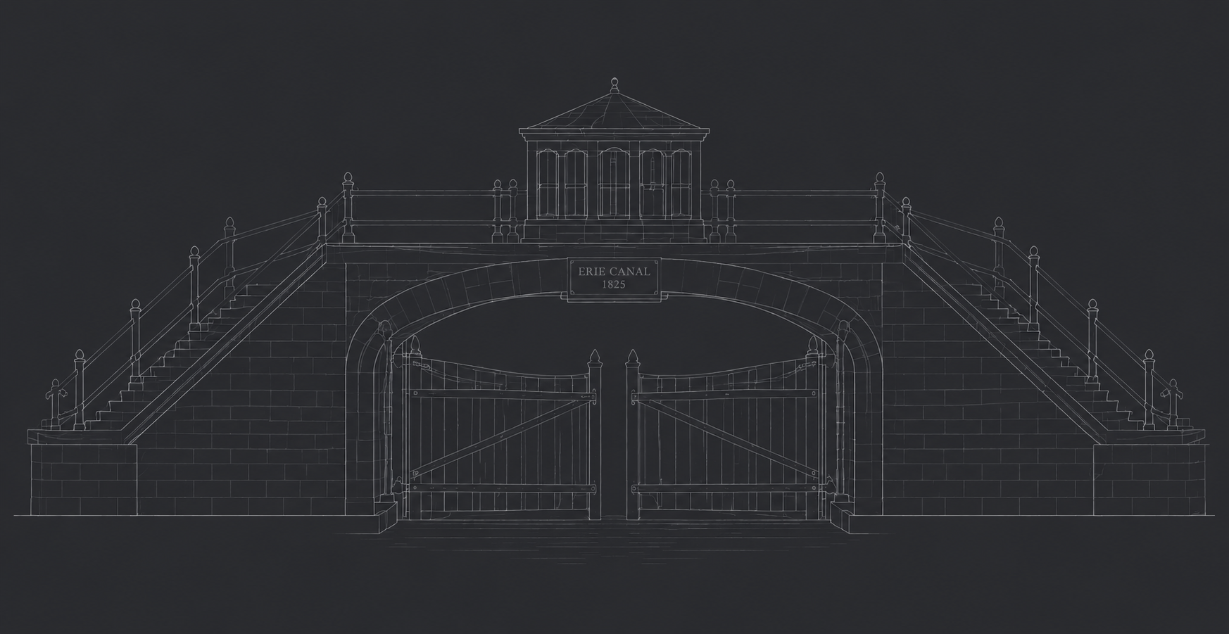 Blueprint drawing of Erie Canal lock gate, including stairs on both sides and a central tower with a railing, labeled 'ERIE CANAL 1825'.
