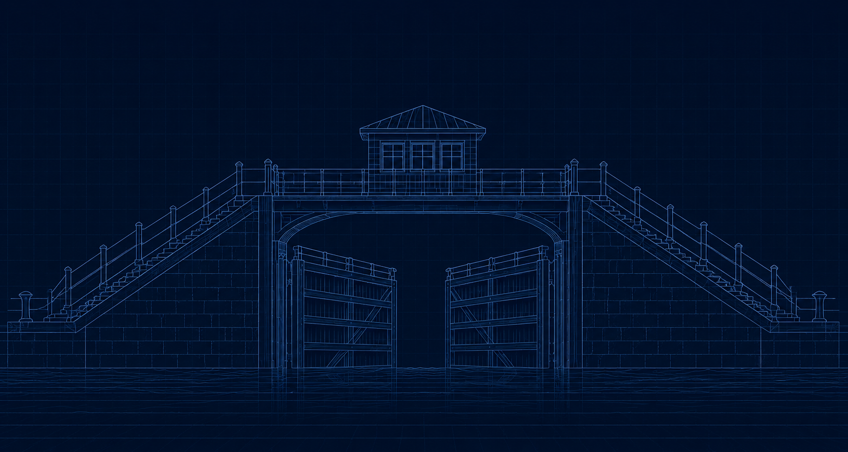 Blue blueprint-style drawing of a water gate or lock structure with stairs on either side, a central archway, and a small building on top.