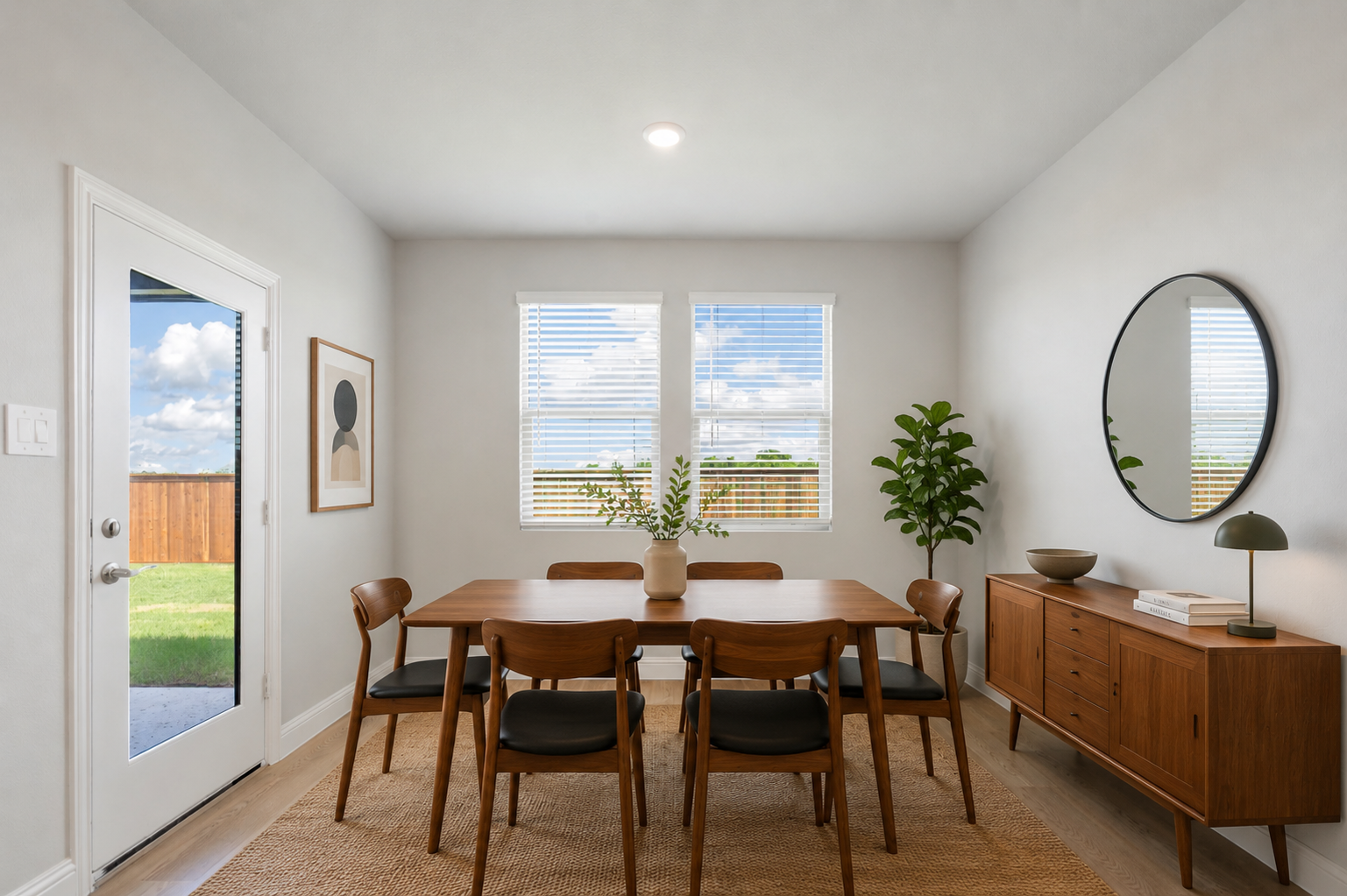Minimalist dining room with a wooden table, six chairs, a sideboard with decor, a round mirror, and two windows with blinds, bright with natural light.
