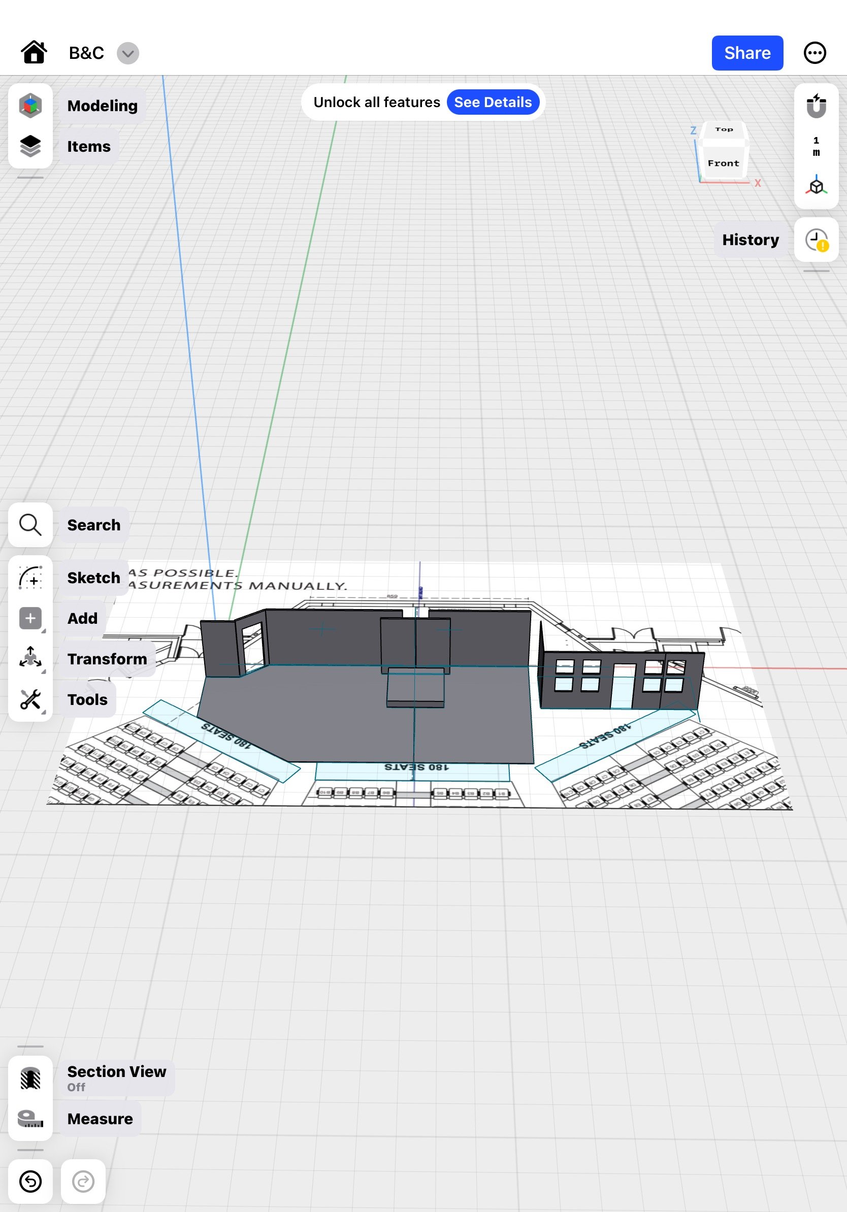 3D model of a building layout with labeled sections, floor plans, and seating arrangements on a design software interface.
