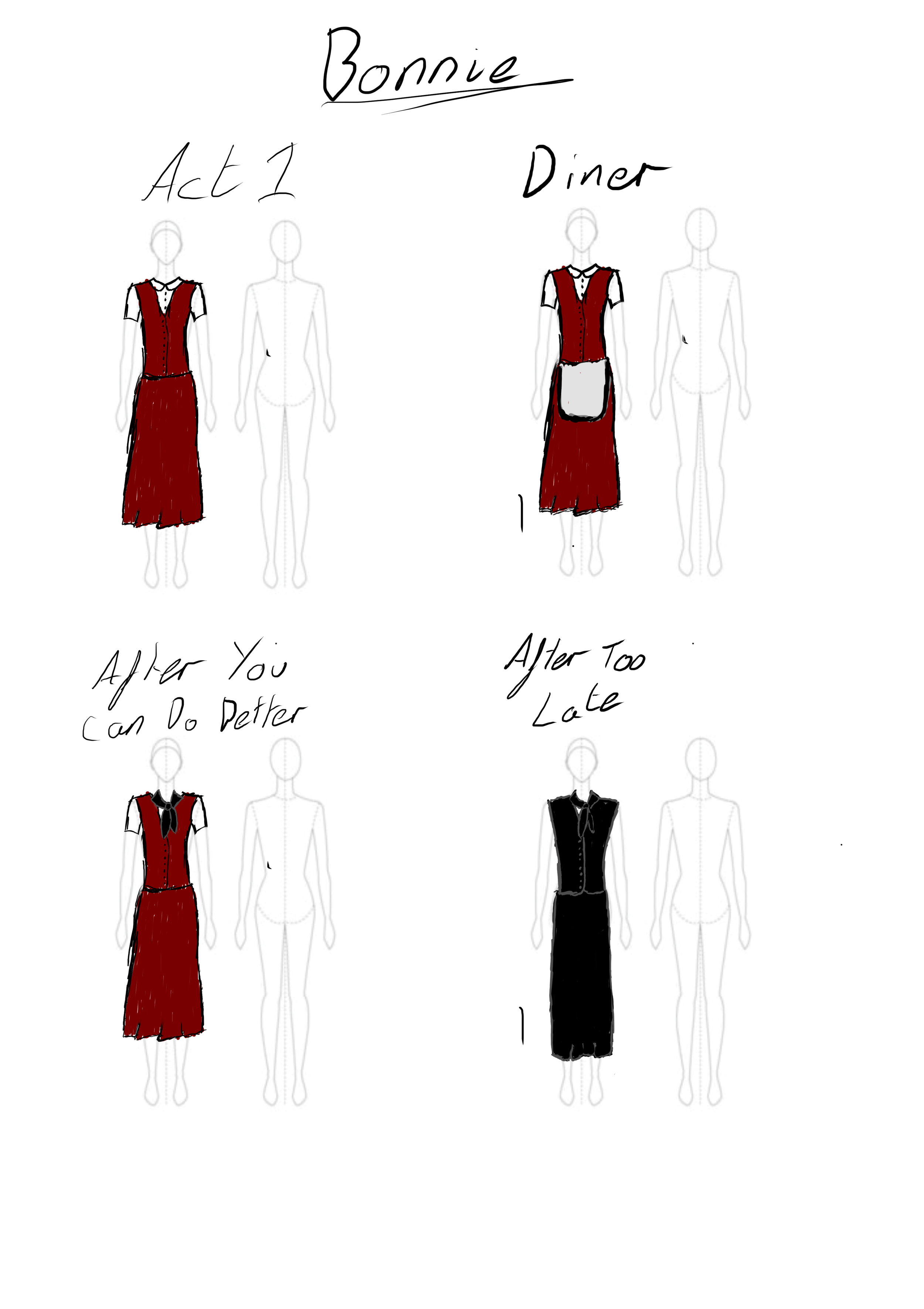 A hand-drawn illustration of costume designs for a character named Bonnie, showing two acts: Act 1 and Diner. Both outfits are red dresses with short sleeves and black details. The Act 1 costume has a longer skirt, while the Diner outfit features an 