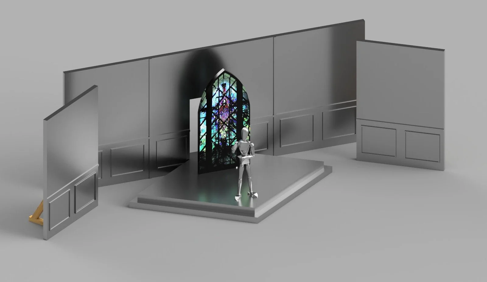 A digital rendering of a church scene with a gray stage, a stained glass door, and a humanoid robot standing in front of the door.