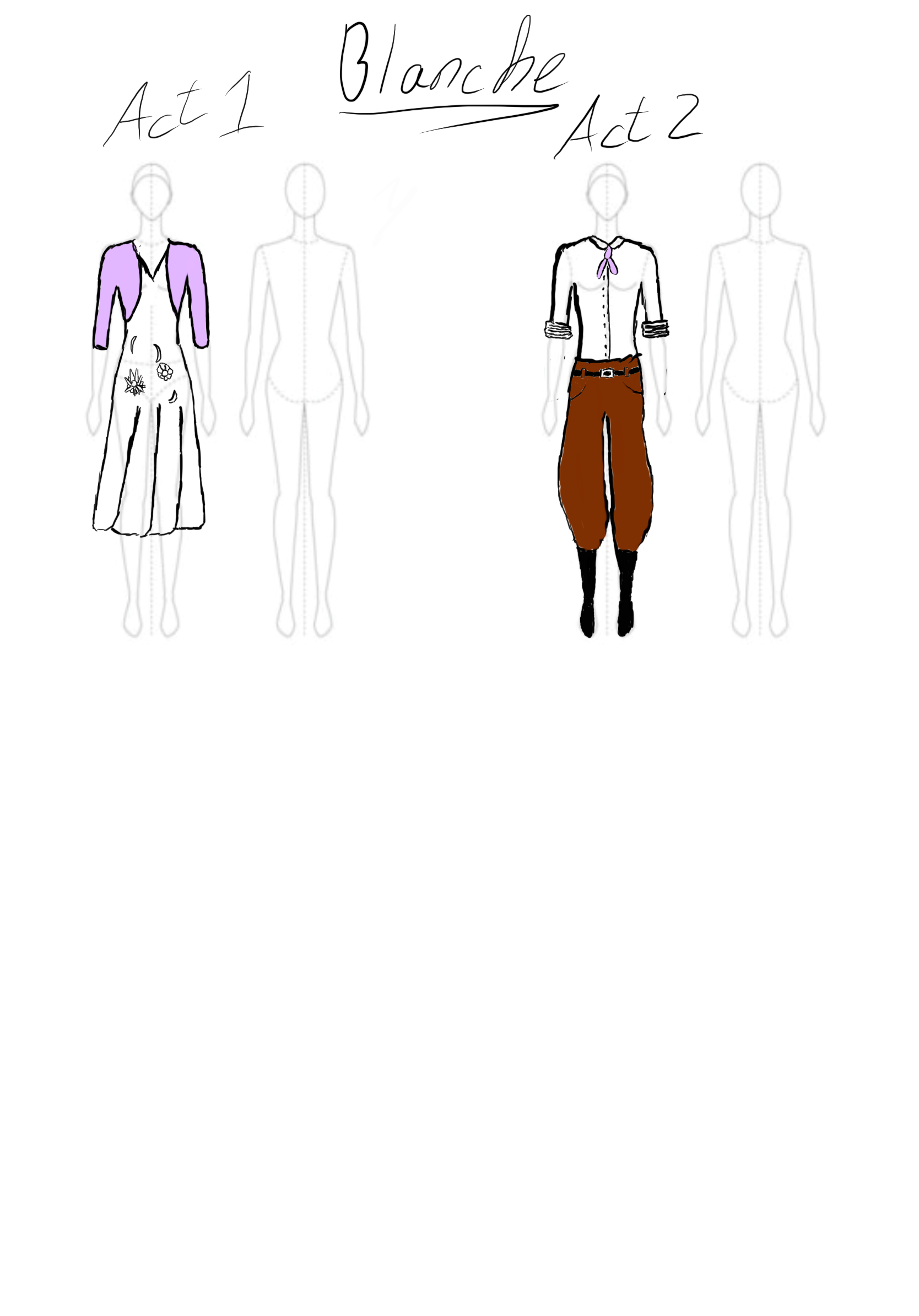 Sketch of a costume design titled 'Blanche' with two outfit ideas, one with a purple jacket and wide-leg pants with flower patterns, and the other with a white shirt, brown pants, and a purple neck ribbon.