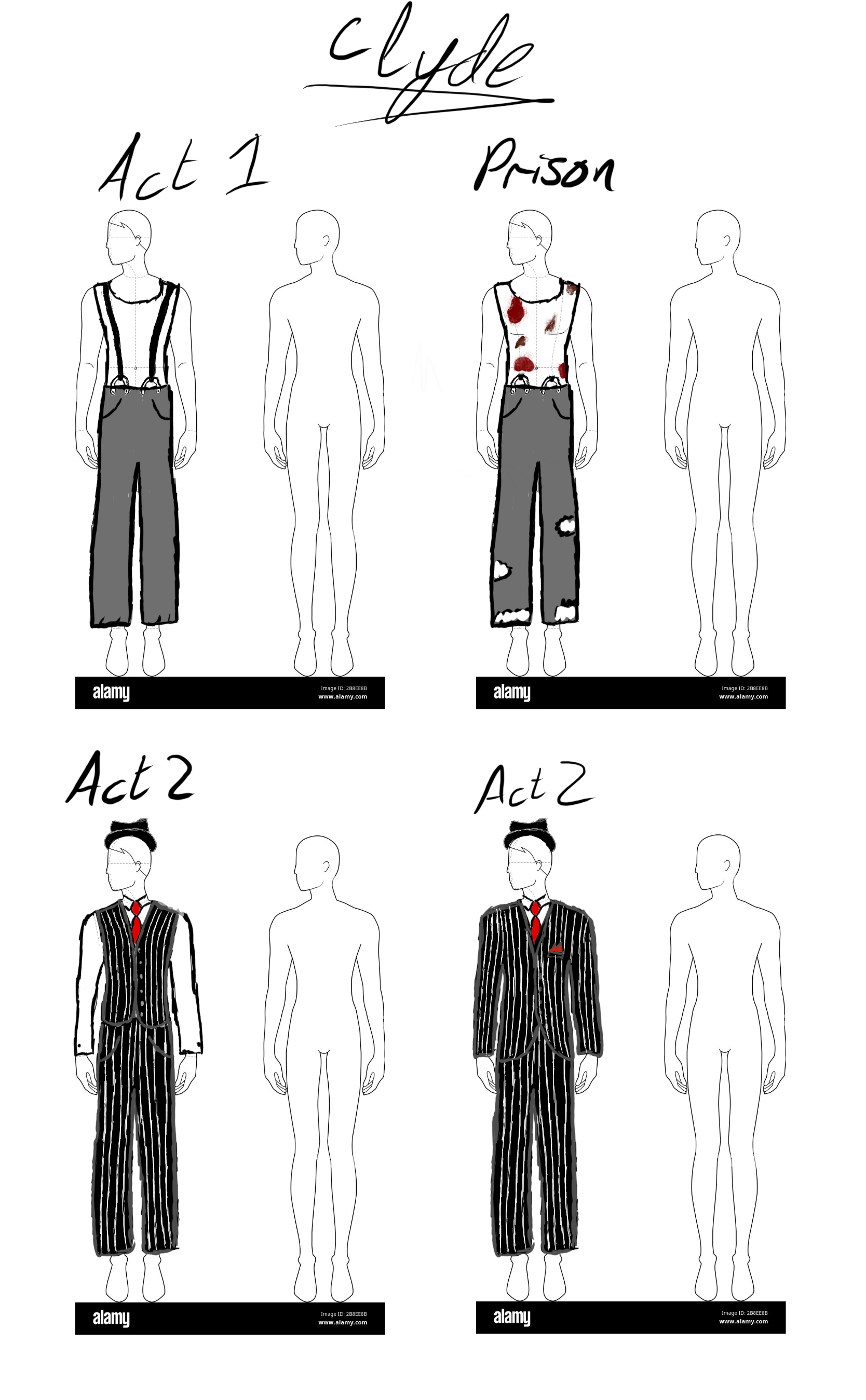 Sketches of mannequins in different costumes for a theatrical production called 'Clyde'. The upper section shows two male mannequins in casual clothes, one with paint splatters and distressed pants labeled 'Prison'. The lower section shows two male mannequins in formal black-and-white pinstriped suits with red accents, labeled 'Act 2'.
