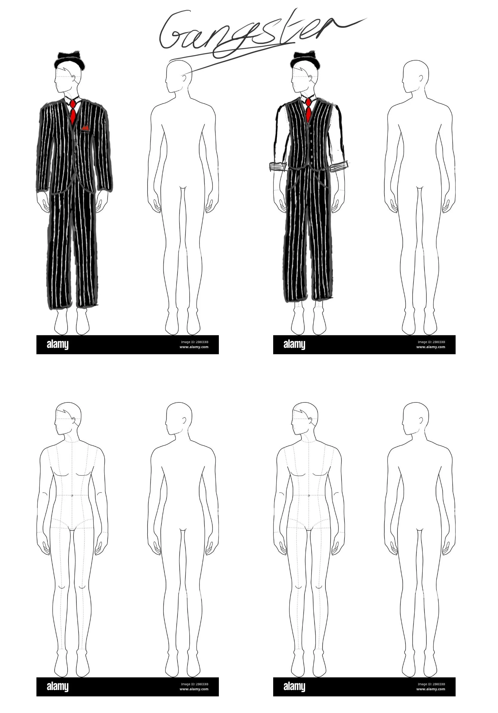 Drawing of four fashion illustration models, two in suits with vertical black and white pinstripes, one in a pinstripe vest and pants, and one in a plain outline.