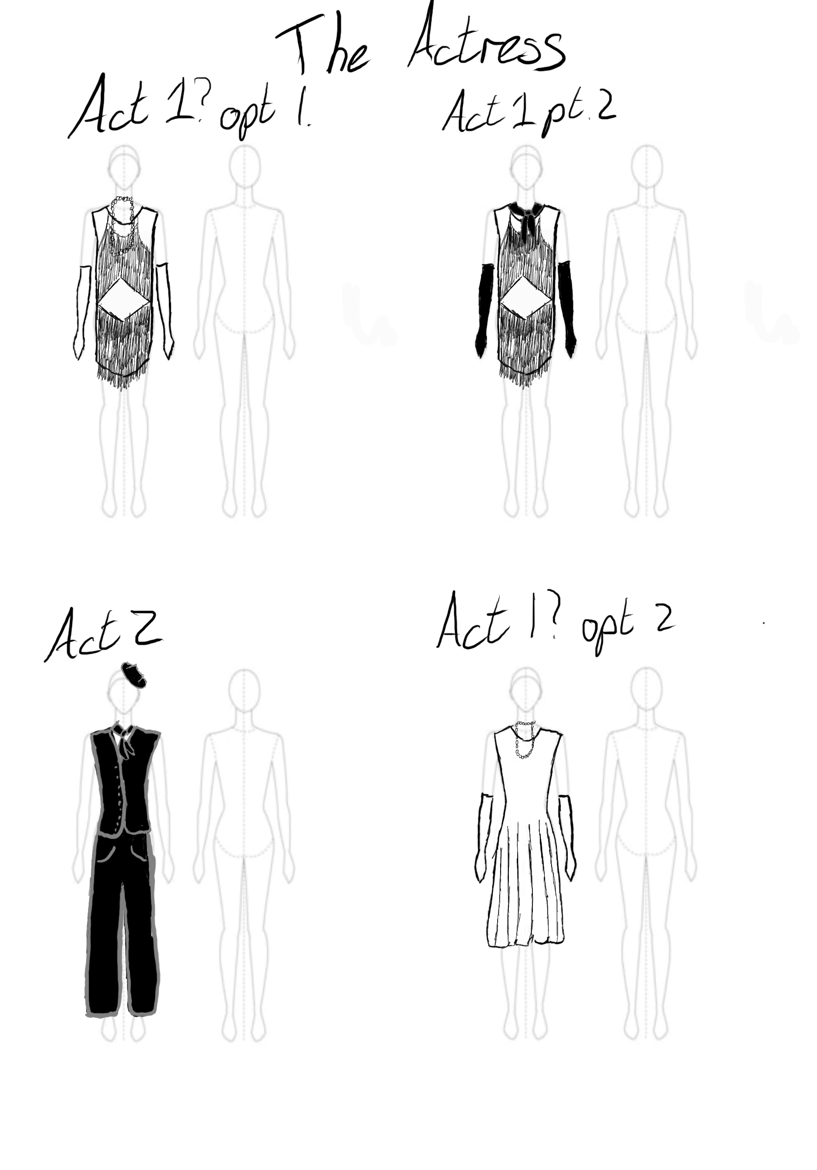 Sketches of character costumes for a play titled "The Actress," showing different outfits for Act 1, Part 1; Act 1, Part 2; Act 2; and Act 3.