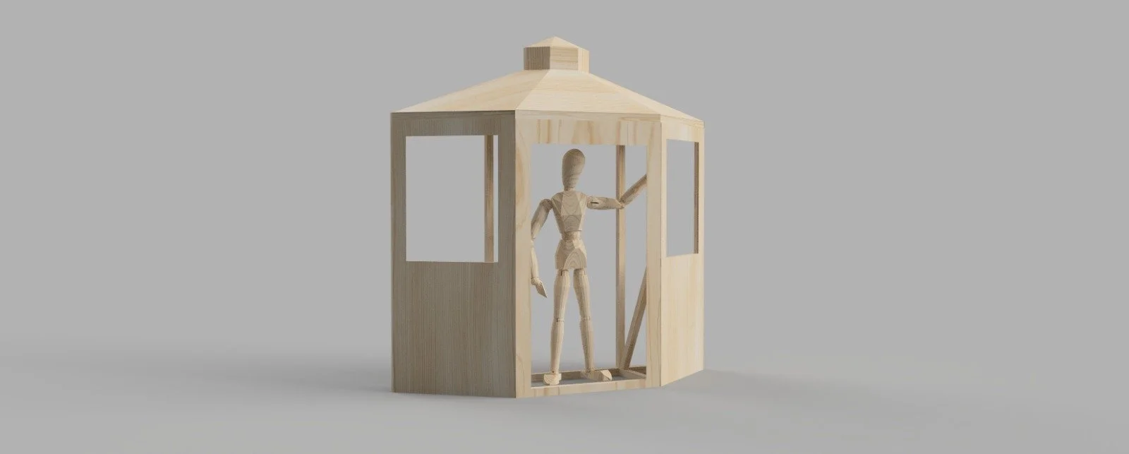 Wooden mannequin standing inside a small wooden gazebo with open windows and a peaked roof.