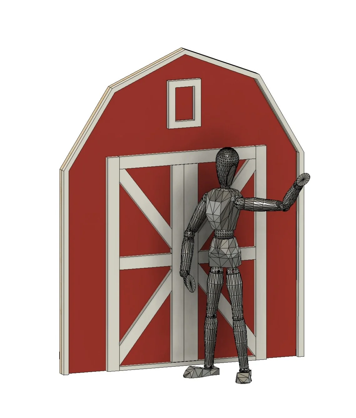 Wireframe mannequin opening a barn door with a red exterior.