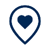 Black outline of a map pin with a blue heart inside.