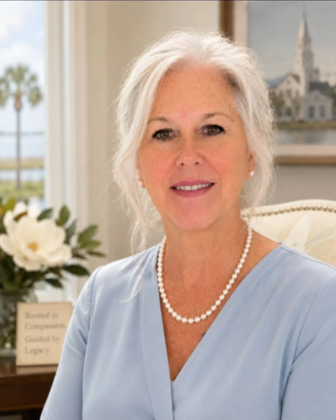 Portrait of an older woman with white hair, wearing a light blue top and a pearl necklace, sitting indoors with a window showing a view of palm trees and a church in the background.