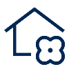 an outline of a house with an outline of a flower on the bottom right to it