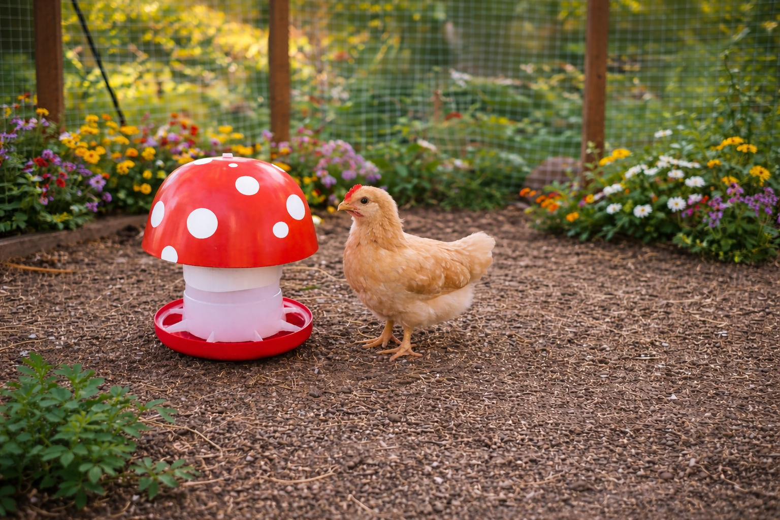 A chicken standing next to a mushroom-shaped water feeder in a garden with flowers and a wire fence in the background.