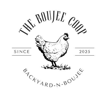 Logo featuring a chicken with text 'The Boujee Coup', 'Since 2025', and 'Backyard-N-Boujee' arranged around it.