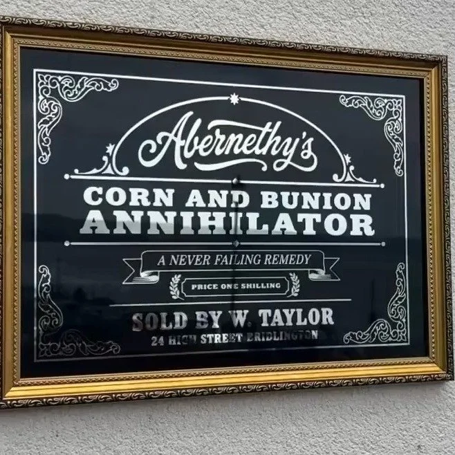 Here's one of our first signs - reverse glass mirrored sign for Abernethy's Corn an d Bunion Annihilator based on an an advert in the Bridlington Free Press from June 7 1884

FileyPier.com/shop - Link's in the Bio