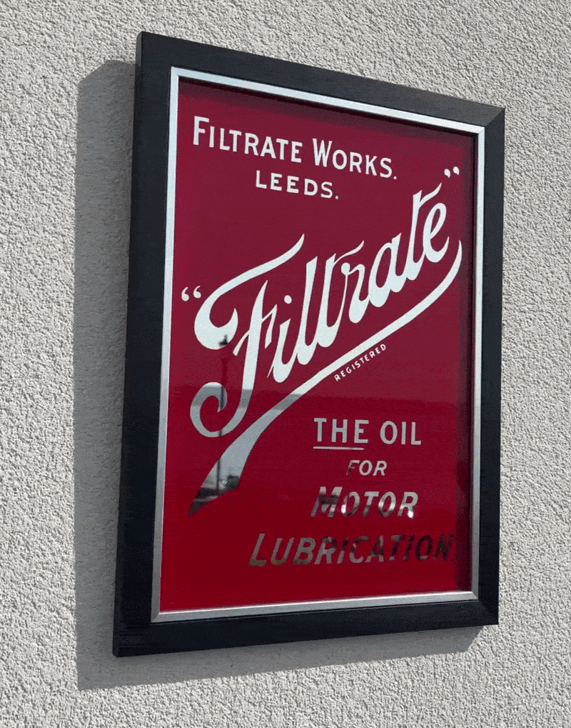 Filtrate Works Leeds vintage automobilia reverse glass mirrored advertising sign by Filey Pier Limited