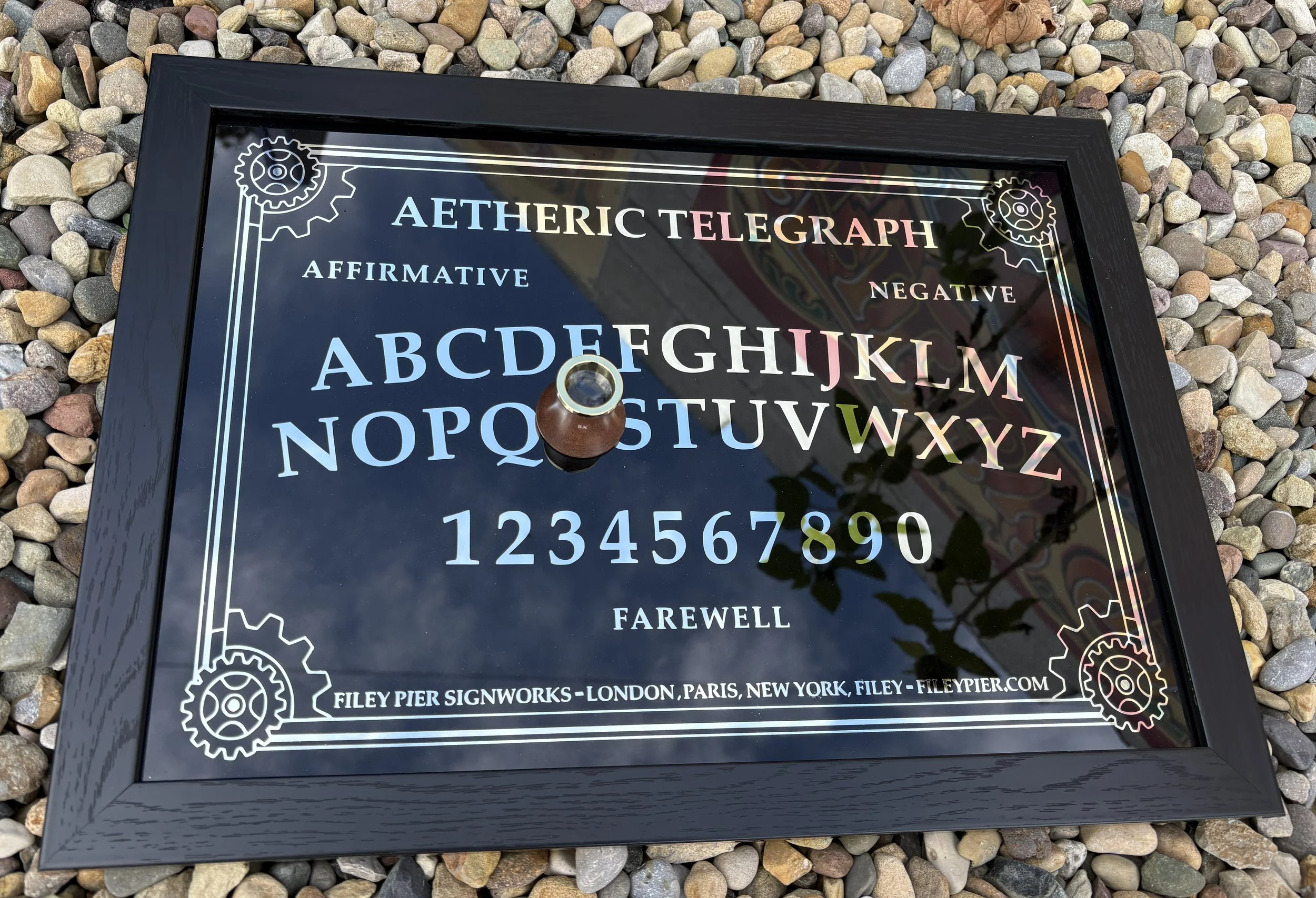 Aetheric Telegraph - Steampunk Ouija / Spirit Board - Reverse Glass Mirrored Sign - Black Frame and Planchette