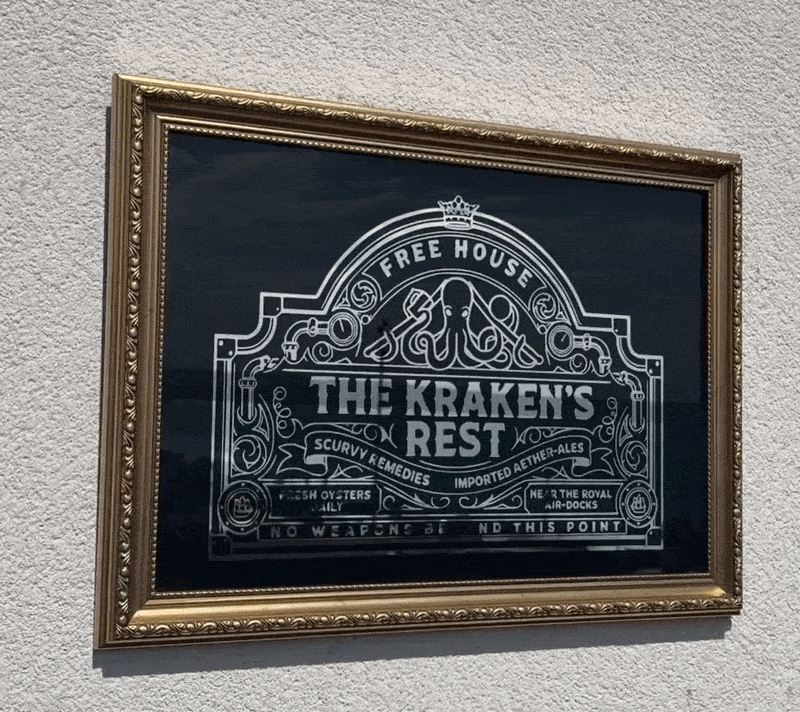 The Kraken's Rest - Steampunk Reverse Glass Mirrored Sign