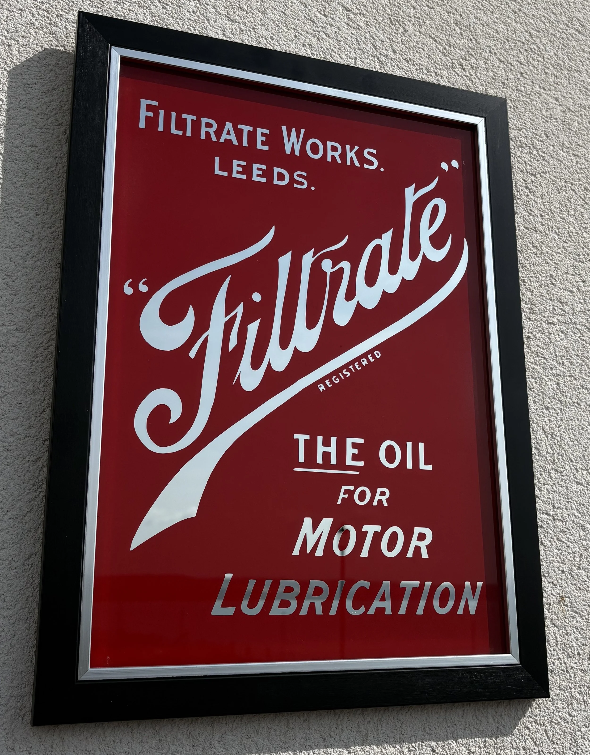 Filtrate Works Leeds vintage automobilia reverse glass mirrored advertising sign by Filey Pier Limited