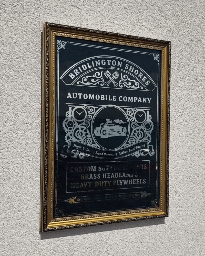 Bridlington Shores Automobile Company - Steampunk Reverse Glass Mirrored Sign
