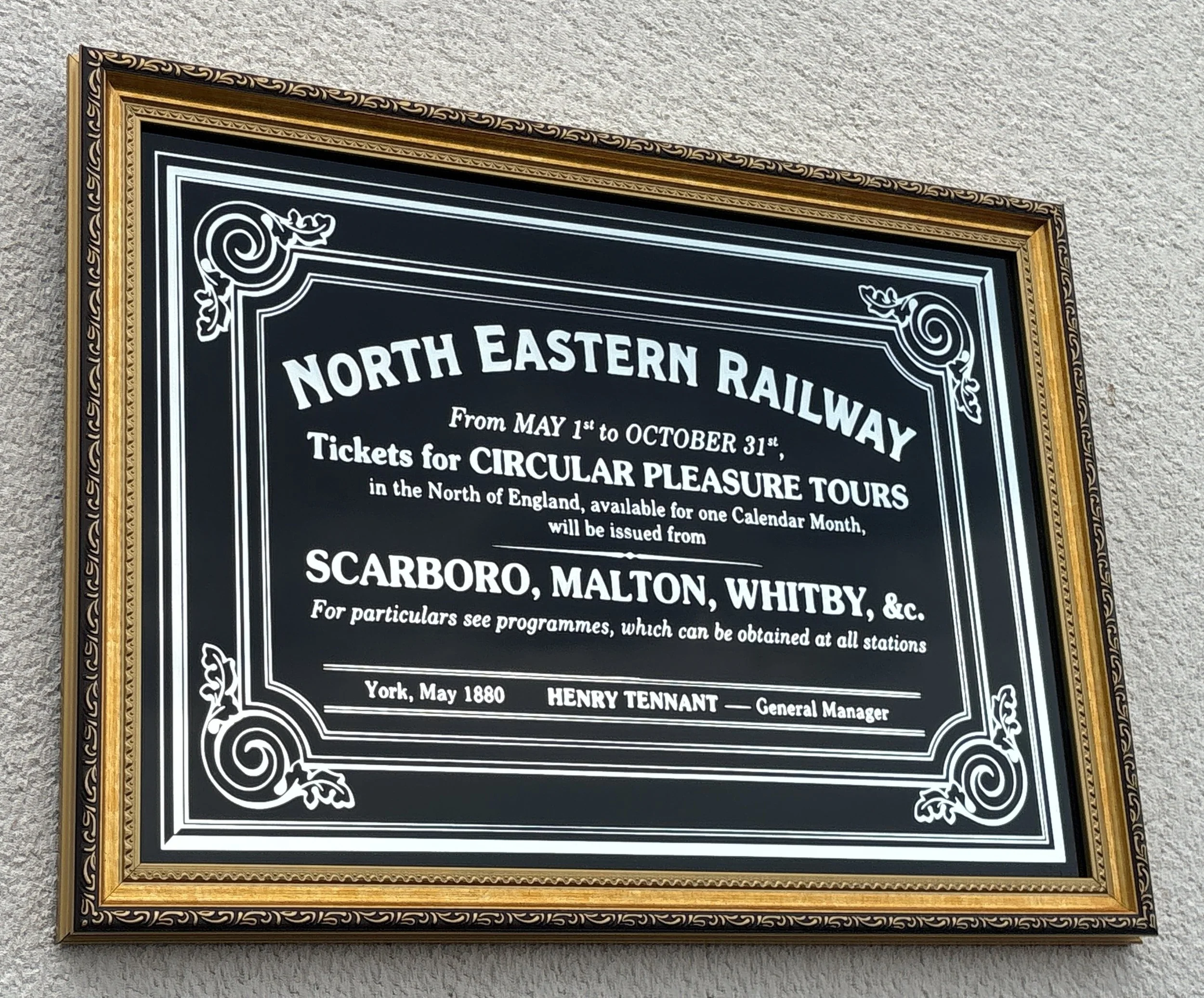 NER Circular Pleasure Tours Victorian railway reverse glass mirrored advertising sign by Filey Pier Limited